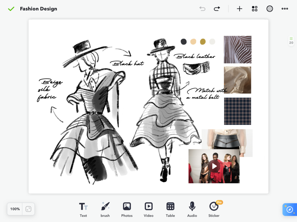 A collection of images and color schemes are placed next to fashion design sketches with accompanying text.